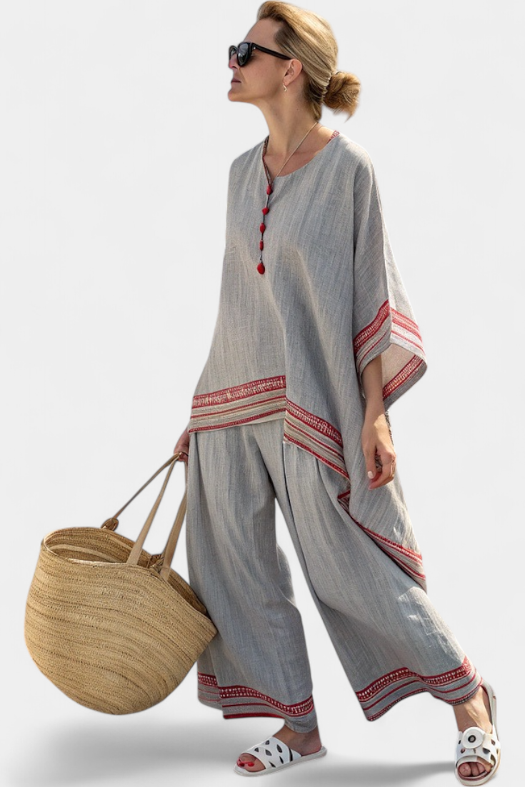 Sanne – Raffinierte Asymmetrische Bluse & Ethnische Weite Hose