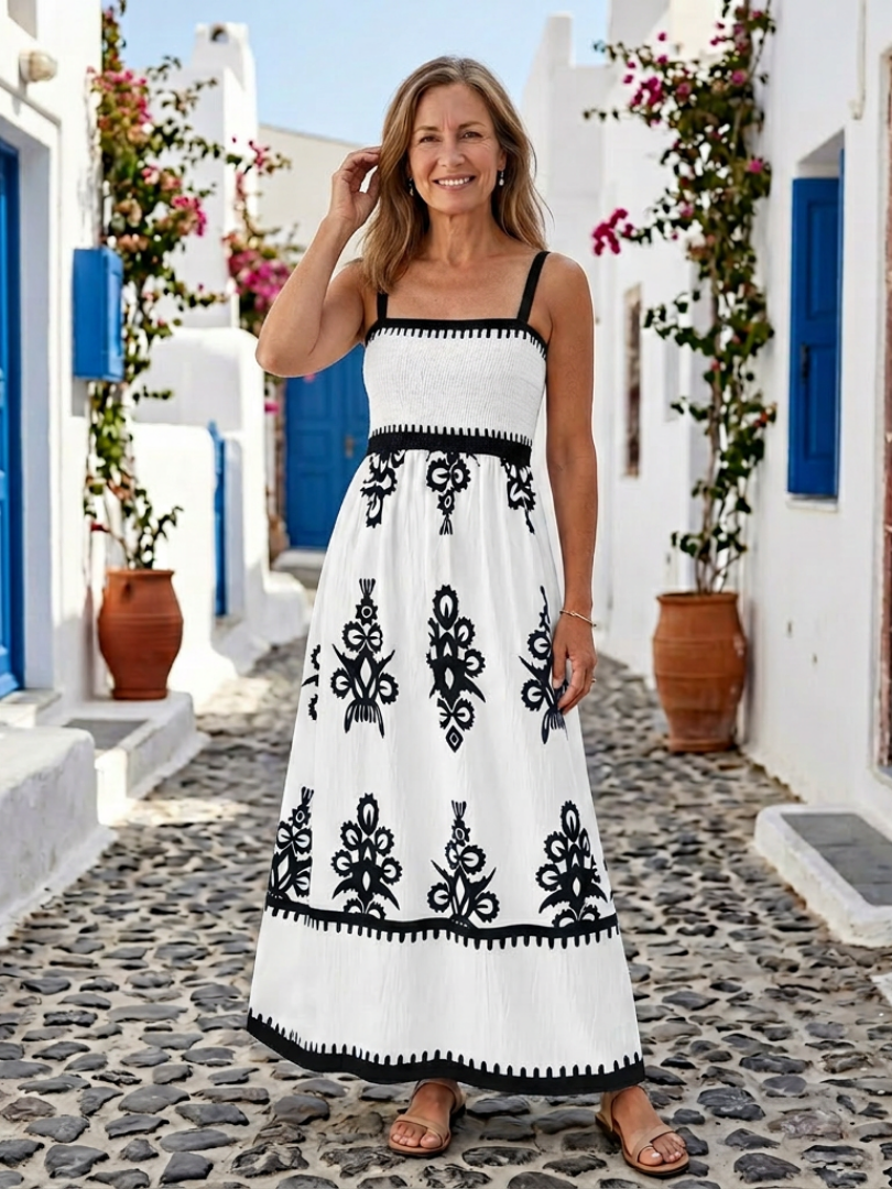 Odelina | Ärmelloses Maxikleid mit Gesmoktem Oberteil