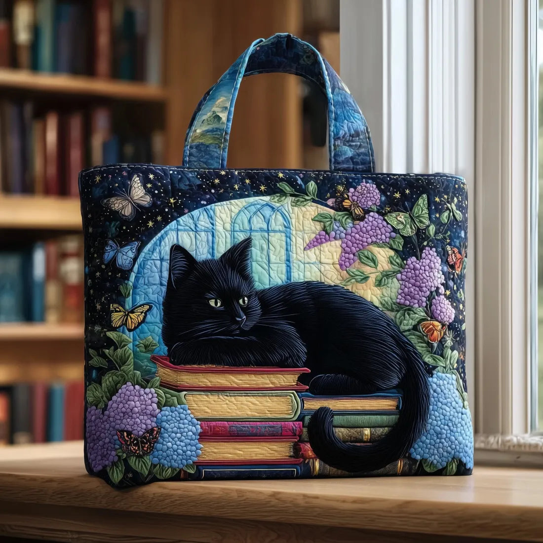 Gesteppte Tasche Schwarze Katze auf Büchern