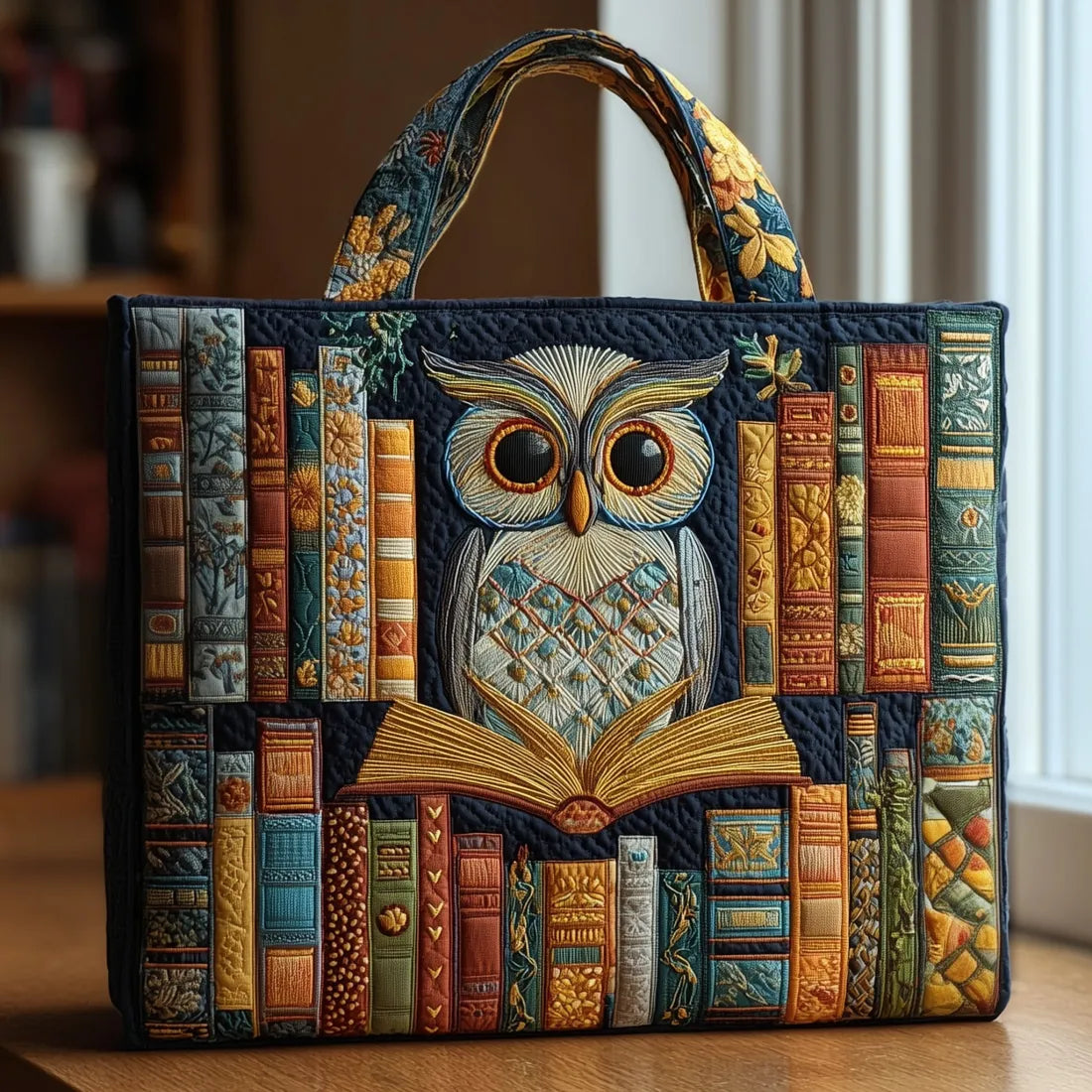Gesteppte Tasche Lesende Eule zwischen alten Büchern
