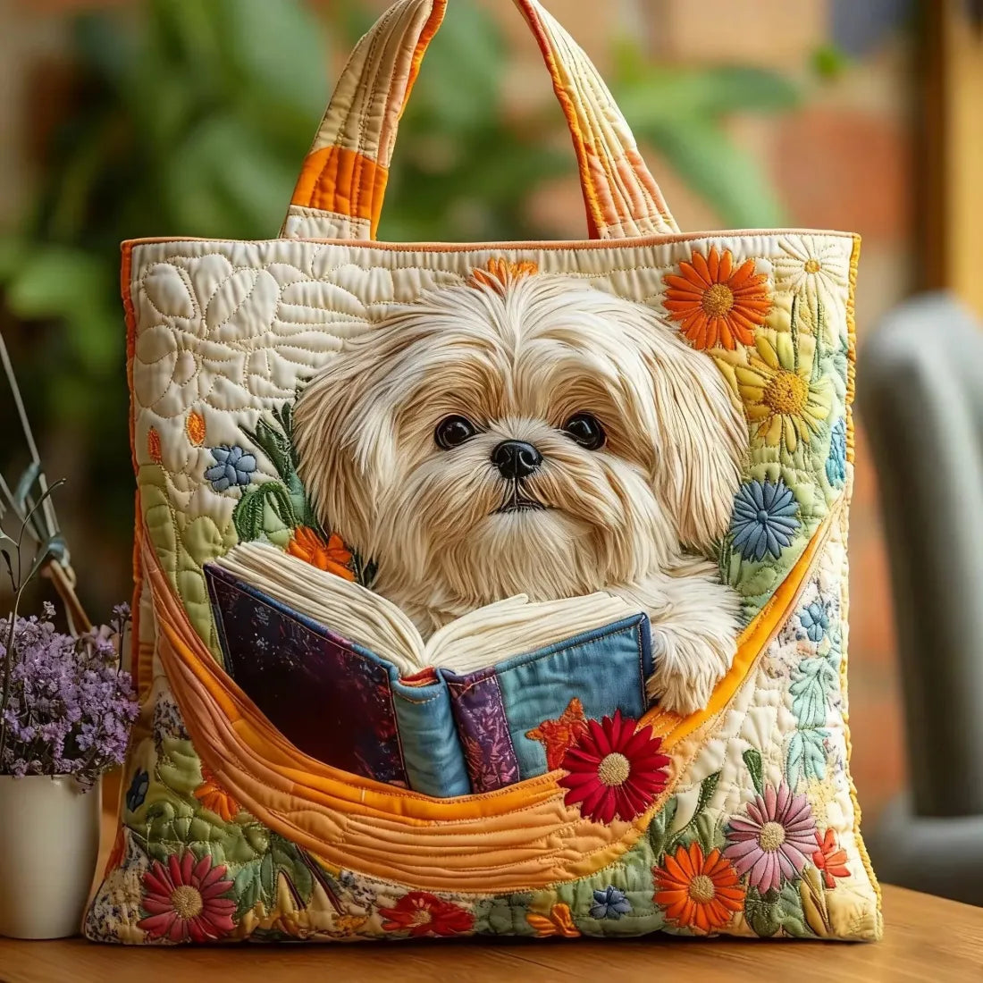 Gesteppte Tasche Shih Tzu mit Buch und Blumen