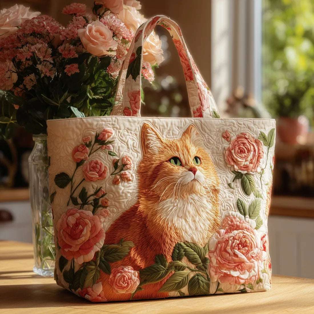 Gesteppte Tasche Rote Katze mit Rosa Rosen