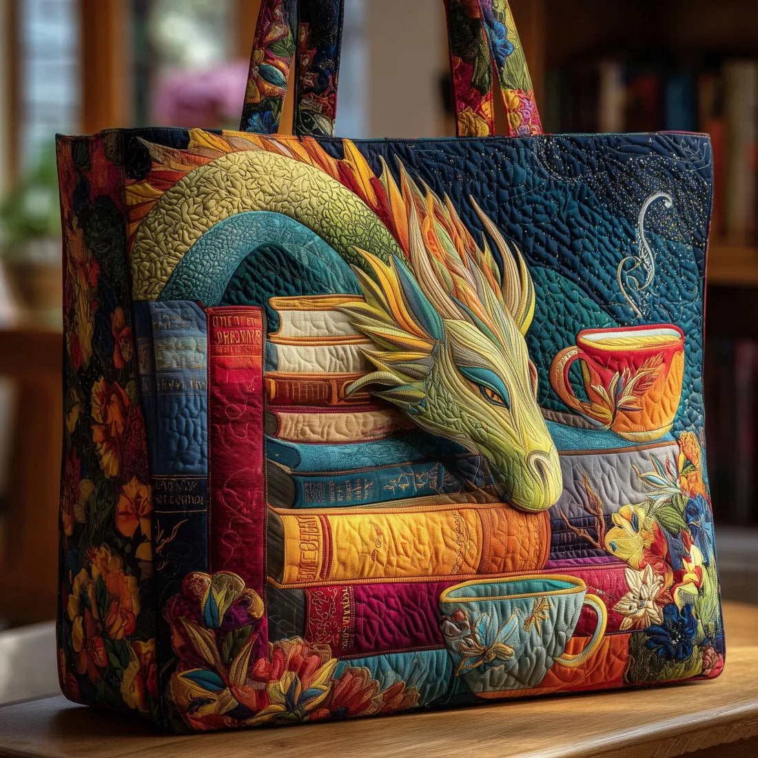 Gesteppte Tasche Lesender Drache mit Büchern und Tassen