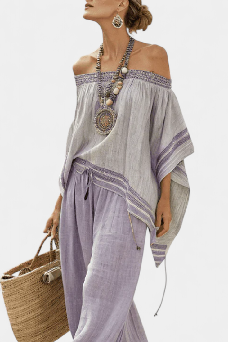 Sara – Elegantes Off-Shoulder-Top & Weite Gestreifte Hose