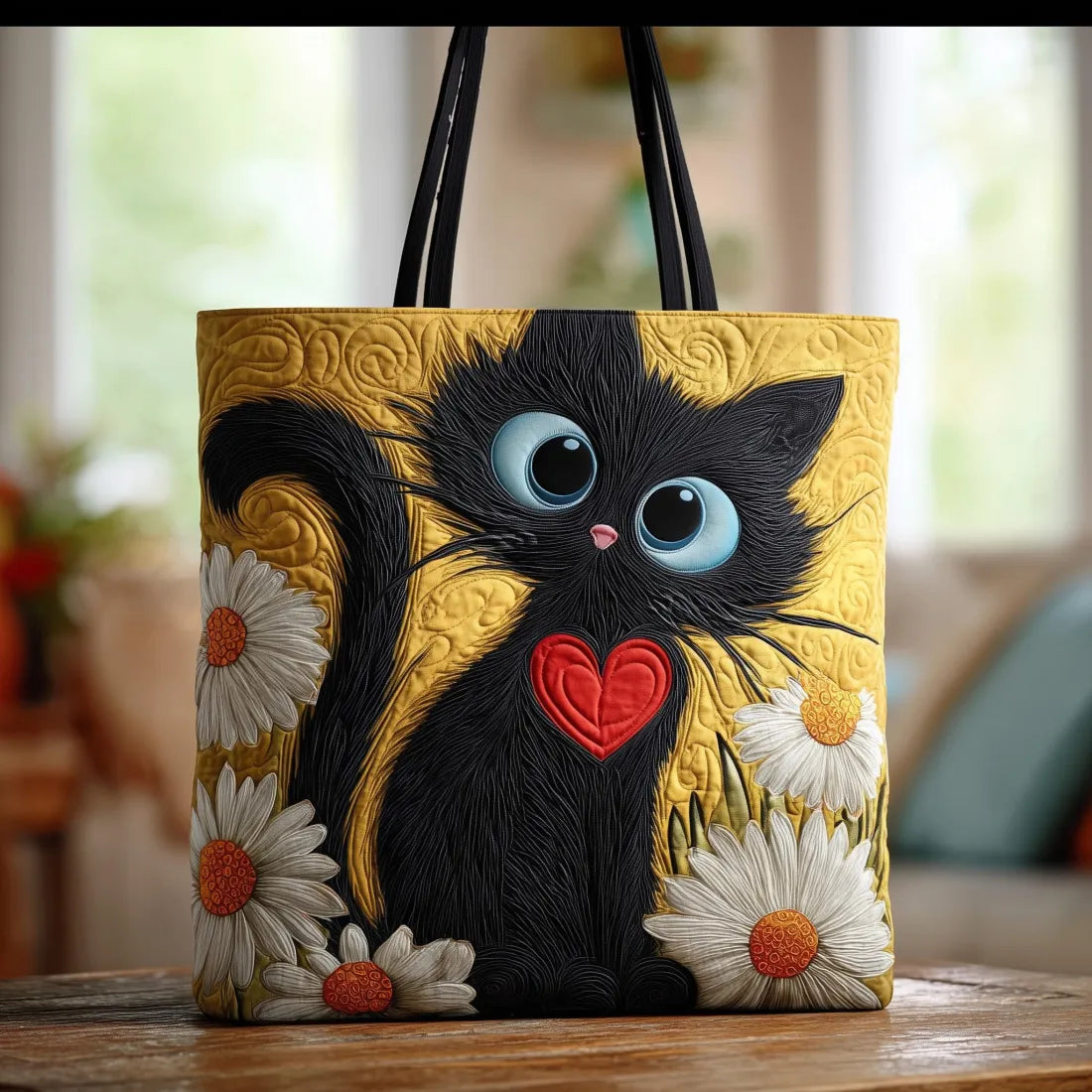 Gesteppte Tasche Schwarze Katze mit Herz und Gänseblümchen