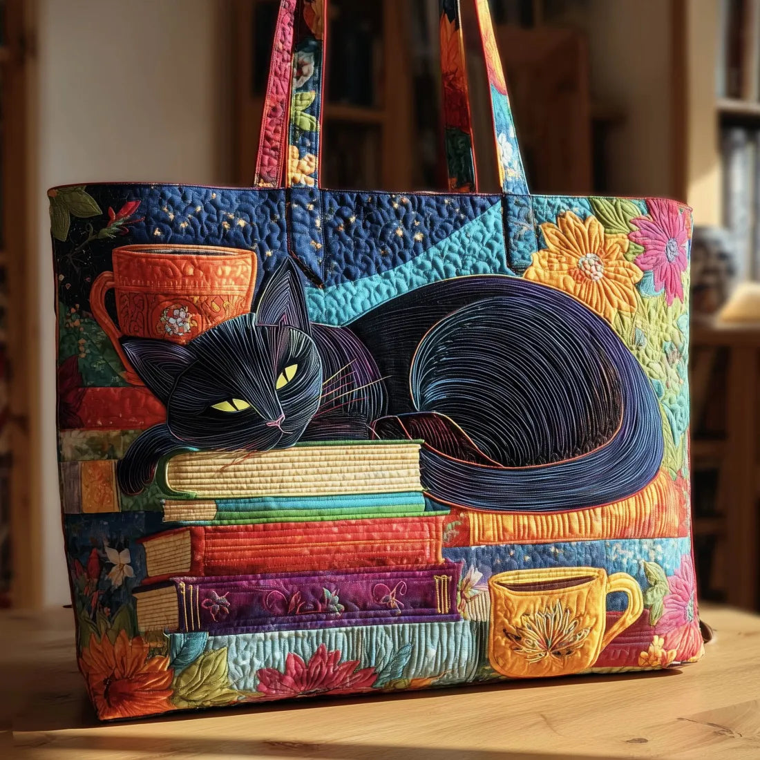 Gesteppte Tasche Schwarze Katze mit Büchern und Tassen