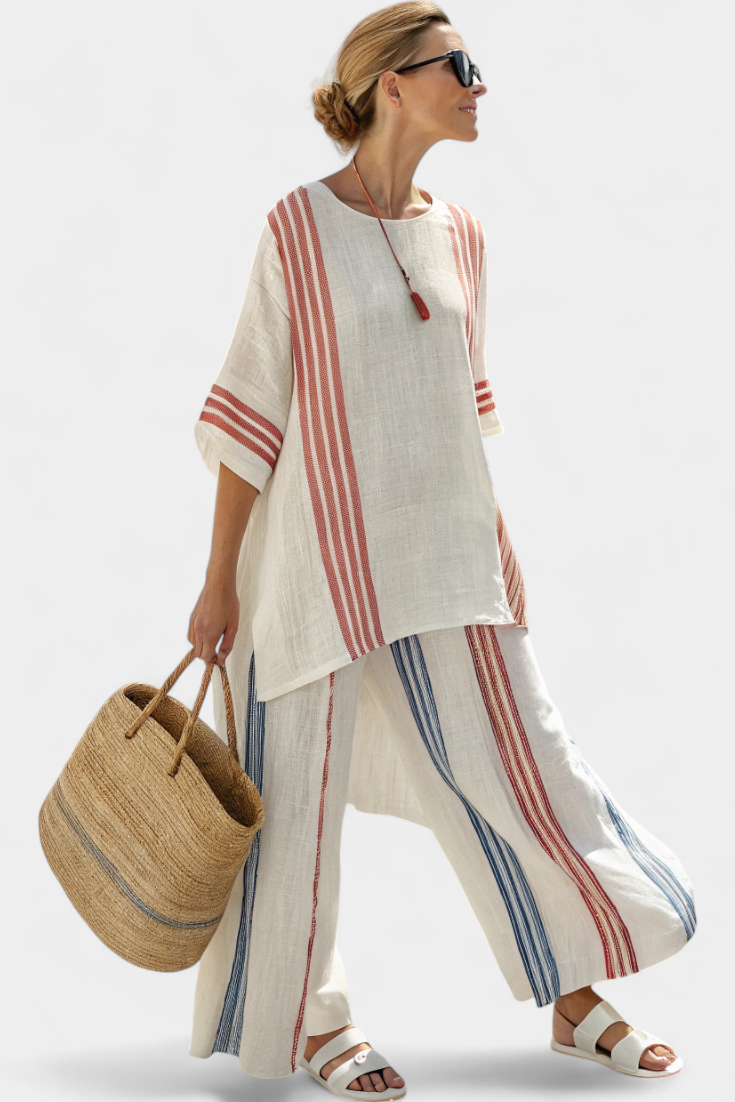 Yara – Raffiniertes Mehrfarbig Gestreiftes Top & Mediterrane Hose