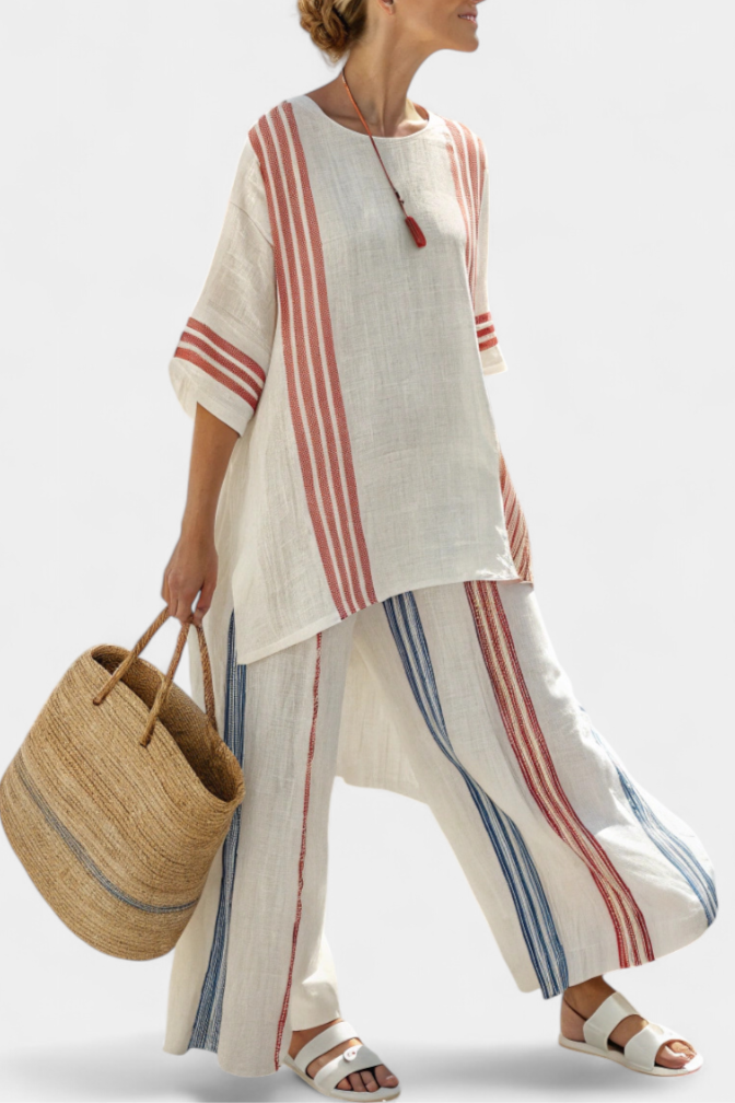 Yara – Raffiniertes Mehrfarbig Gestreiftes Top & Mediterrane Hose