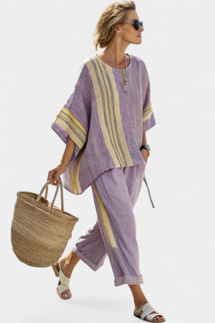 Linde – Elegantes Lavendel-Top & Senffarbene Gestreifte Hose