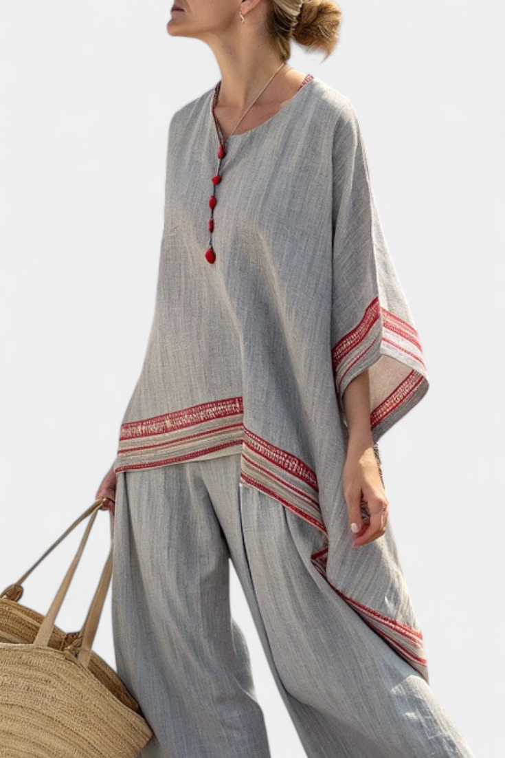 Sanne – Raffinierte Asymmetrische Bluse & Ethnische Weite Hose