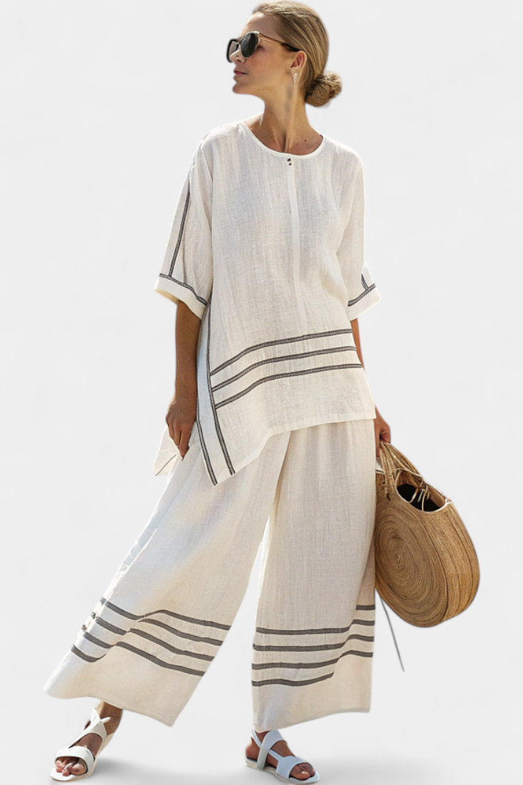 Roos – Raffiniertes Asymmetrisches Gestreiftes Top & Auffällige Hose