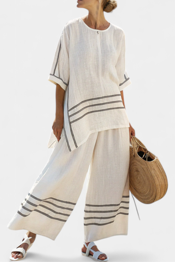Roos – Raffiniertes Asymmetrisches Gestreiftes Top & Auffällige Hose