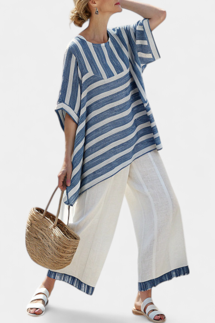 Elin – Raffiniertes Blau Gestreiftes Top & Hose mit Saumdetail