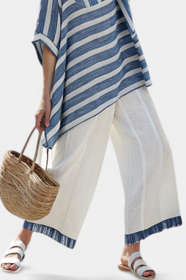 Elin – Raffiniertes Blau Gestreiftes Top & Hose mit Saumdetail