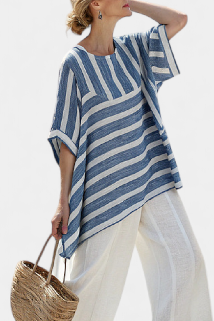 Elin – Raffiniertes Blau Gestreiftes Top & Hose mit Saumdetail