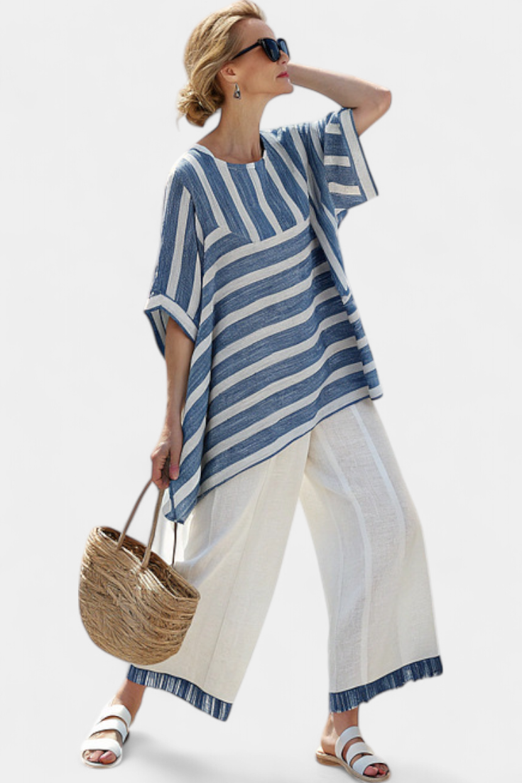 Elin – Raffiniertes Blau Gestreiftes Top & Hose mit Saumdetail