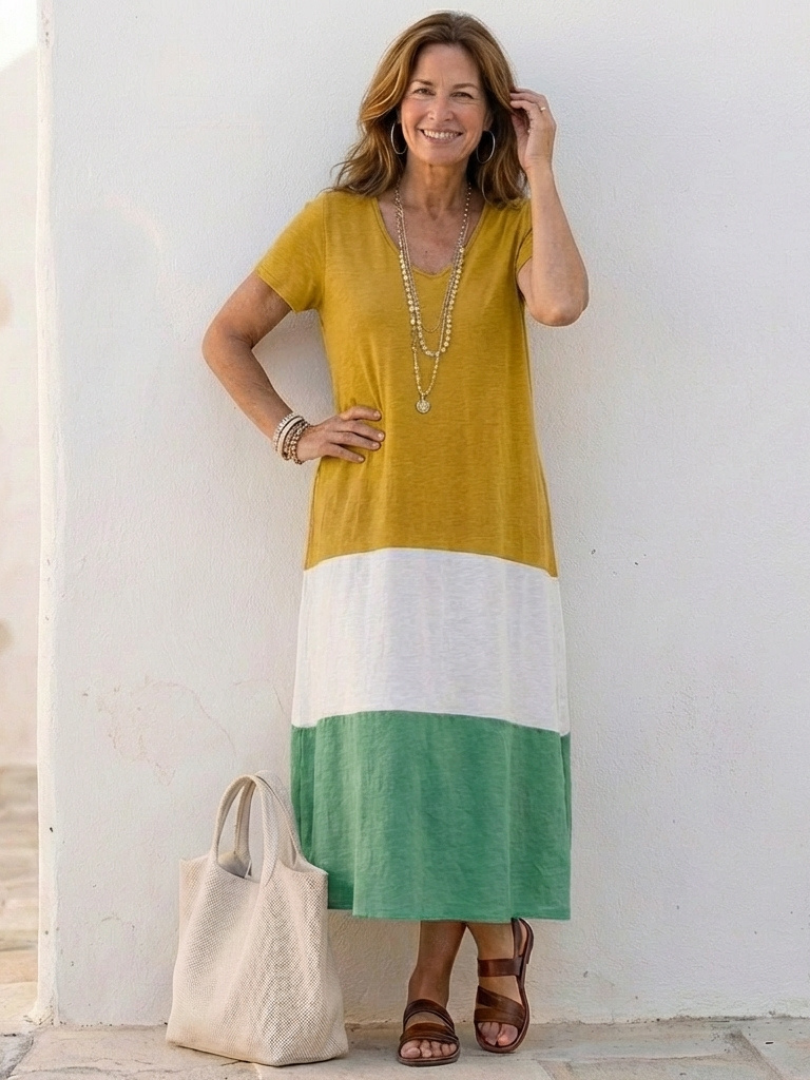 Thalia | Kurzärmeliges Colorblock-Maxikleid