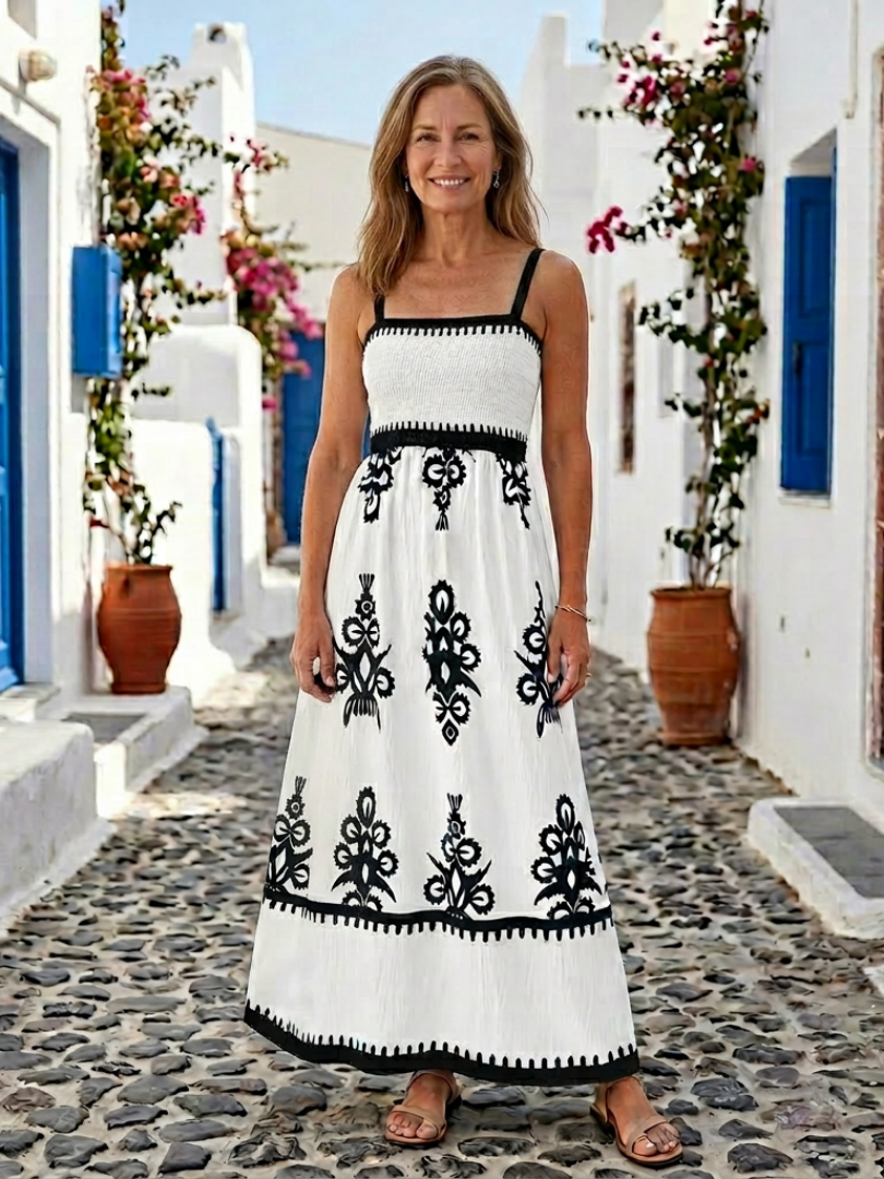 Odelina | Ärmelloses Maxikleid mit Gesmoktem Oberteil
