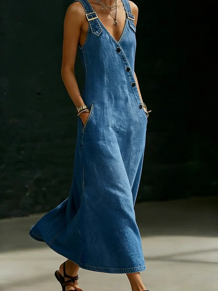 Judy | Weiche Vintage-Latzhose aus Denim mit Blumenmuster