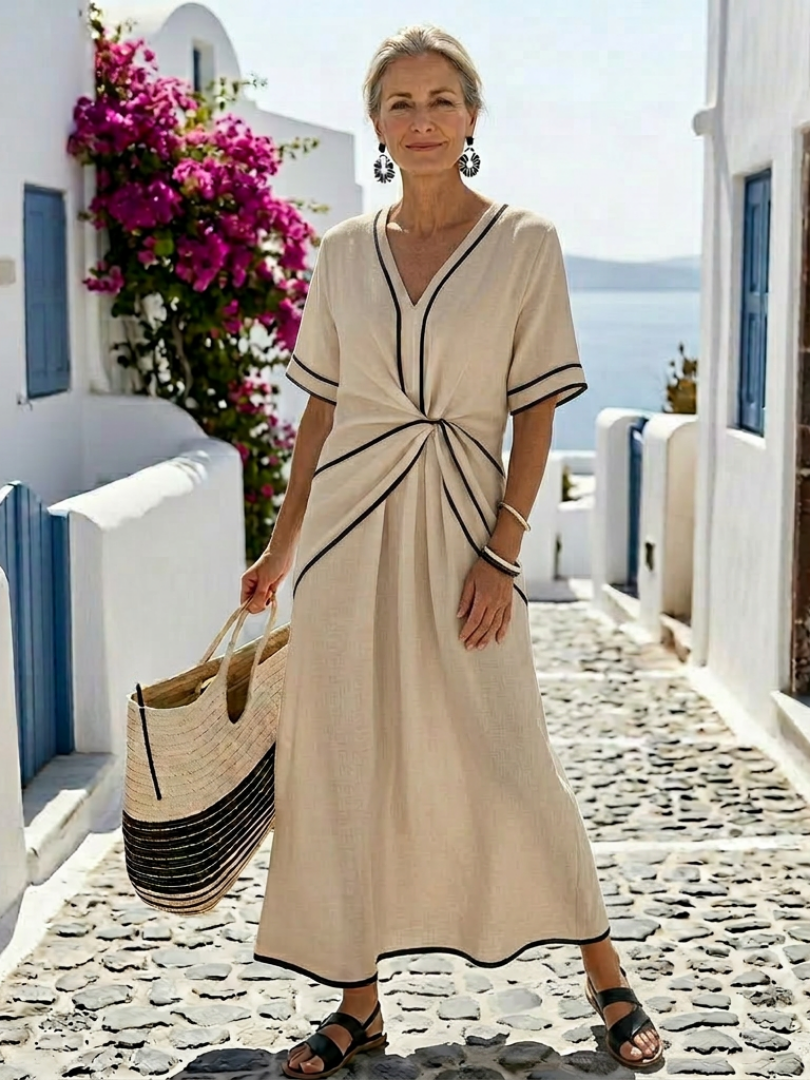 Linnea | V-Ausschnitt Kurzärmeliges Maxikleid mit Geraffter Taille
