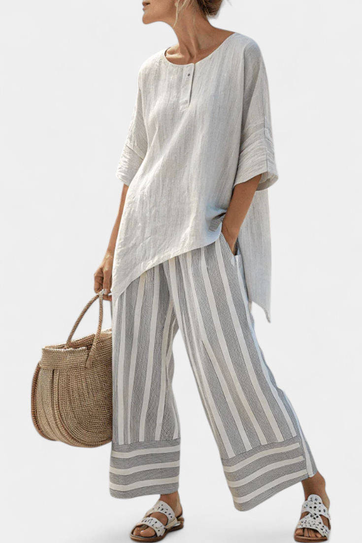 Sophie – Elegante Asymmetrische Bluse & Gestreifte Hose