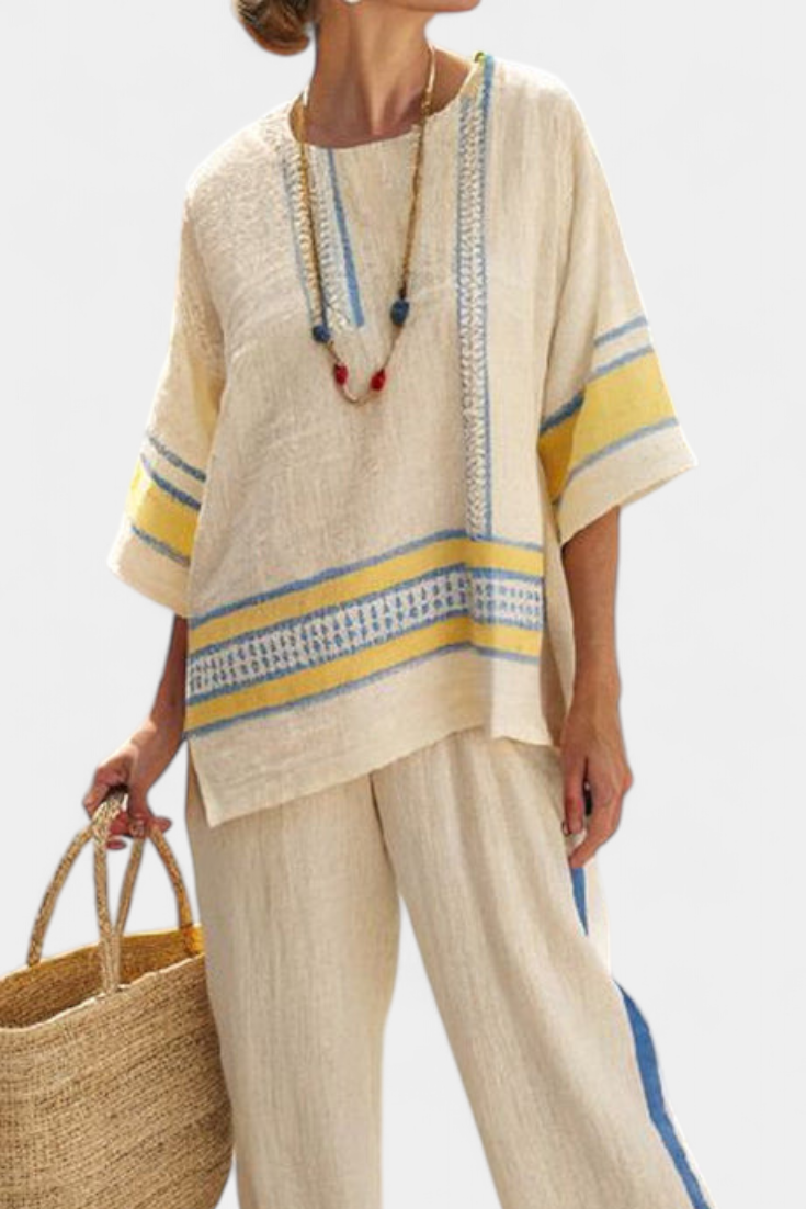 Jade – Bequemes Blau-Gelbes Mediterranes Top & Hose