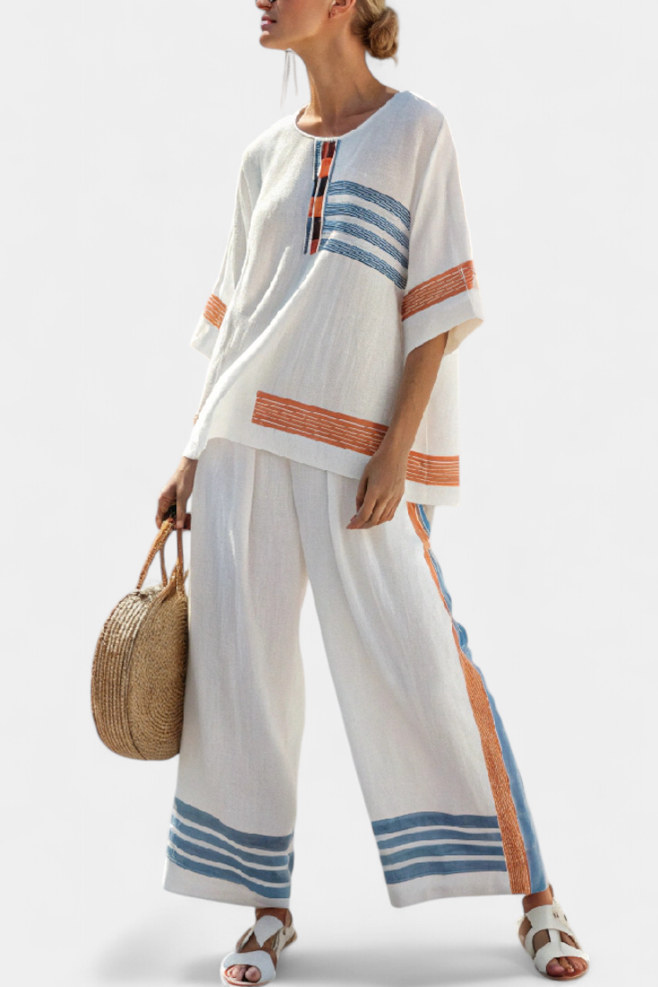 Romy – Raffiniertes Blau-Orange Gestreiftes Top & Hose