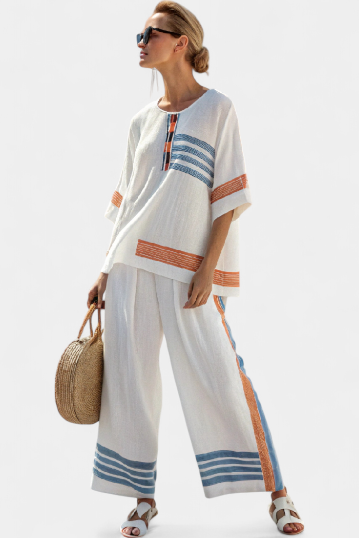 Romy – Raffiniertes Blau-Orange Gestreiftes Top & Hose