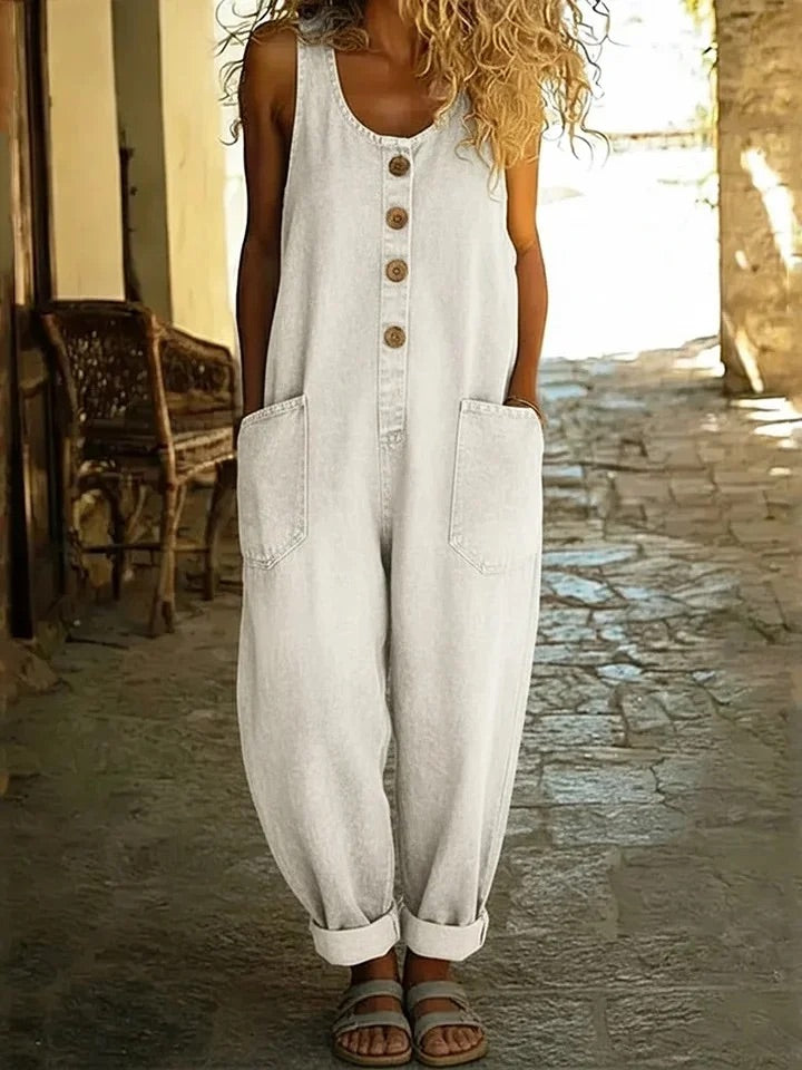 Sophia | Schulterfreier Denim-Jumpsuit