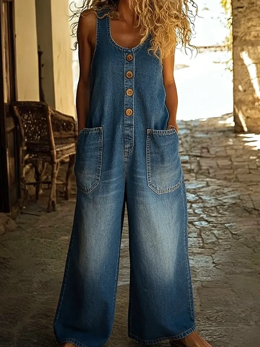 Sophia | Schulterfreier Denim-Jumpsuit