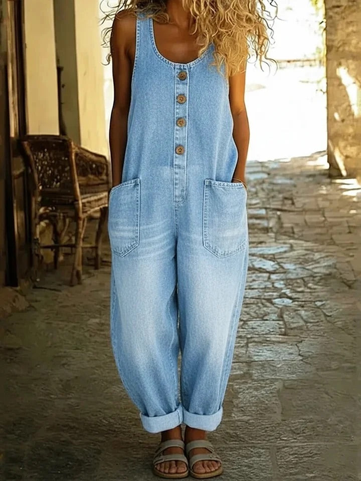 Sophia | Schulterfreier Denim-Jumpsuit